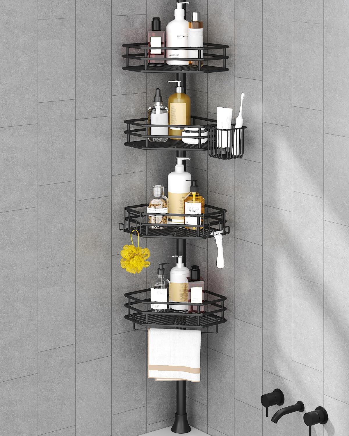 SEIRIONE Corner Shower Caddy Tension Pole. Quick Setup. Rust-Free Bathroom Shower Organizer Corner for Bathtub Shampoo Storage. 4-Tier Adjustable Shelf. Drill Free. Fits 34 to 116 Inch Height. Silver