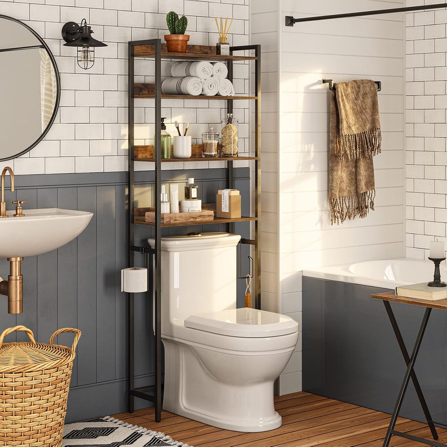 Over The Toilet Storage Rack. 4 Tier Bathroom Organizer Over Toilet. Freestanding Space Saver Toilet Stand with 2 Hooks. Bathroom Storage Shelf. Easy to Assemble. Rustic Brown TSHR0401Z