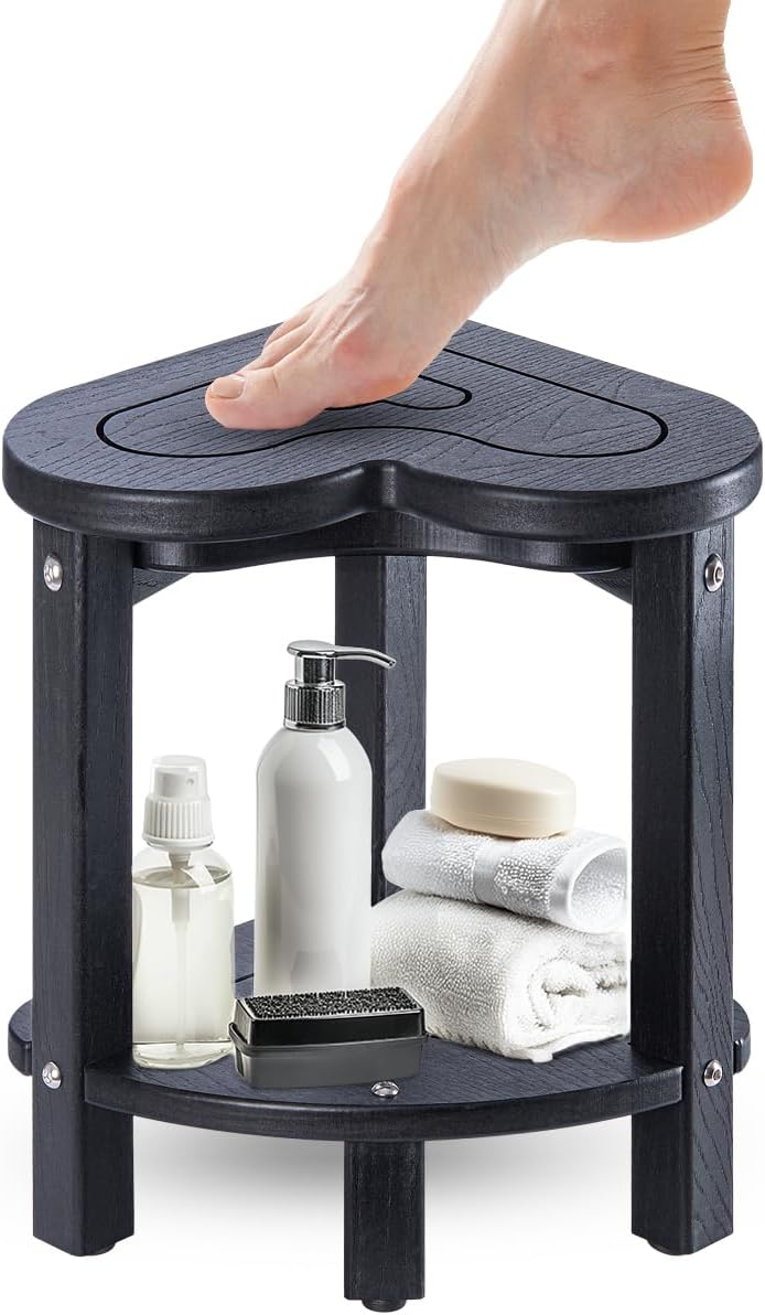 UHA Corner Shower Stool for Inside Shower - Waterproof Corner Shower Bench. HDPE Plastic Bathroom Bench. Adjustable Height Corner Chair for Shaving Legs.Storage Shelf.Non-Slip Feet . Gray