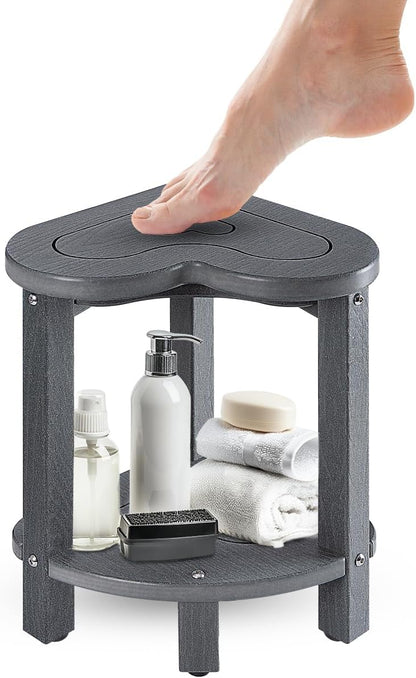 UHA Corner Shower Stool for Inside Shower - Waterproof Corner Shower Bench. HDPE Plastic Bathroom Bench. Adjustable Height Corner Chair for Shaving Legs.Storage Shelf.Non-Slip Feet . Gray