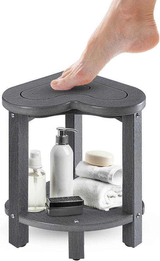 UHA Corner Shower Stool for Inside Shower - Waterproof Corner Shower Bench. HDPE Plastic Bathroom Bench. Adjustable Height Corner Chair for Shaving Legs.Storage Shelf.Non-Slip Feet . Gray