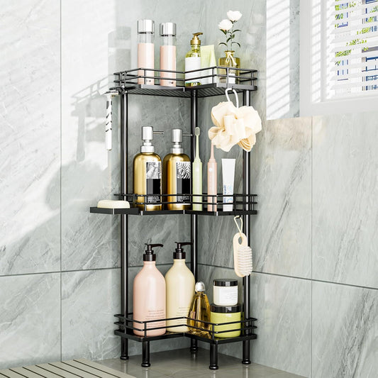 Consumest Corner Shower Caddy Standing - 3-Tier Stainless Steel Shower Organizer with Soap Holder and 4 Hooks. Large Capacity Corner Shelf Stand for Bathroom. Rest Room. Black