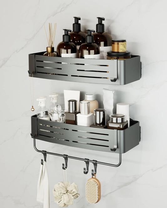 Onemake Shower Caddies Suction Cup. 2-Pack Removable Bathroom Shelf. Shower Organizer with 12 Portable Hooks. Shower Caddy Corner Waterproof Holder with Towel Bar. Gray