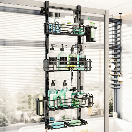 HapiRm 4 Tier Over the Door Shower Caddy. Hanging Shower Caddy with 22 Hooks and 2 Toothbrush Holders. No Drilling Adjustable Hanging Bathroom Organizer - Black