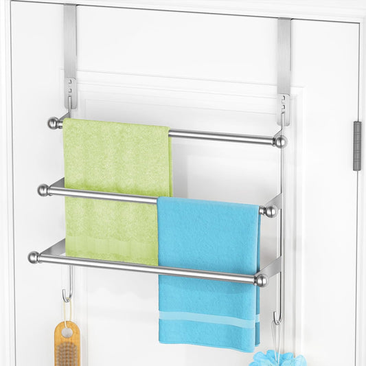 Over The Door Towel Rack.304 Stainless Steel Towel Rack with 2 Hooks. 3 Tier Towel Bar for Hanging Towels. Over Door Towel Storage Holder for Bathroom