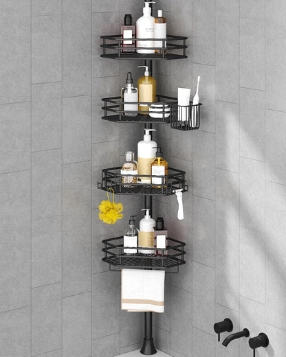 SEIRIONE Corner Shower Caddy Tension Pole. Quick Setup. Rust-Free Bathroom Shower Organizer Corner for Bathtub Shampoo Storage. 4-Tier Adjustable Shelf. Drill Free. Fits 34 to 116 Inch Height. Silver