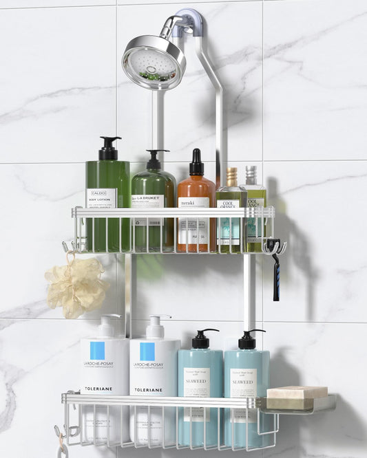 YASONIC Shower Caddy Hanging. Never Rust Shower Organizer Hanging. Aluminum Shower Racks for Inside Shower with Hooks for Razor. Bathroom Organizers and Storage with Soap Holder. Bright Silver