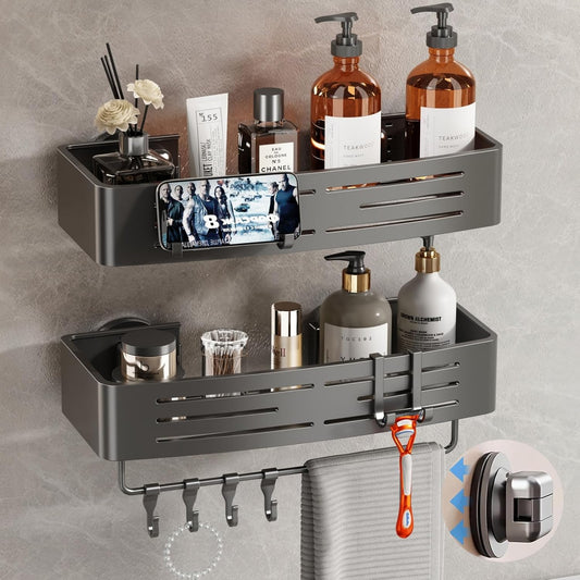 Voldra Shower Caddy Suction Cup. 2 Pack Shower Shelves for Inside Shower No Drilling. Aluminum Suction Showers Organizer with Towel Bar & Hooks Removable Bathroom Shelf Storage Rack(Gray)