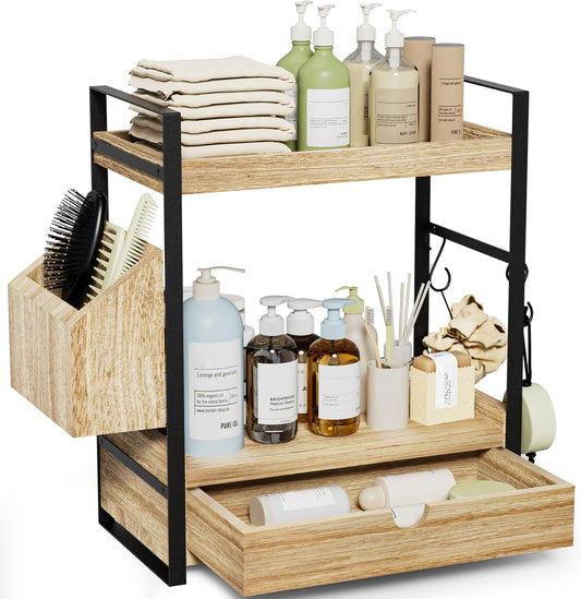 2-Tier Bathroom Counter Organizer with Drawer and Basket. Wood Countertop Organizer for Storage. Skincare Organizers for Vanity. Counter Shelf for Bathroom Organization