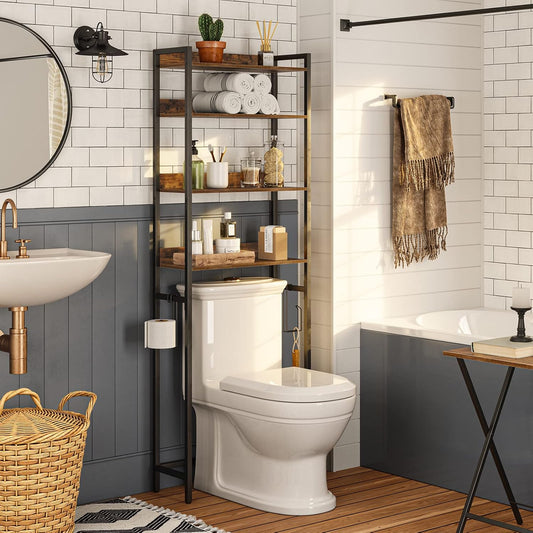 Over The Toilet Storage Rack. 4 Tier Bathroom Organizer Over Toilet. Freestanding Space Saver Toilet Stand with 2 Hooks. Bathroom Storage Shelf. Easy to Assemble. Rustic Brown TSHR0401Z